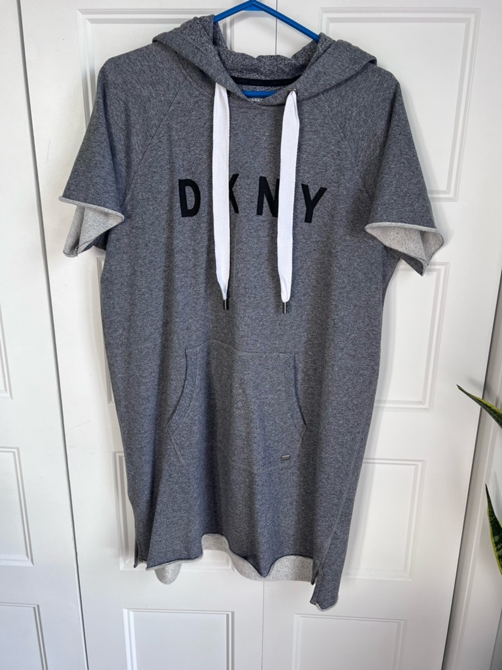 DKNY Charcoal Gray Short Sleeve Hoodie Dress with White Drawstrings